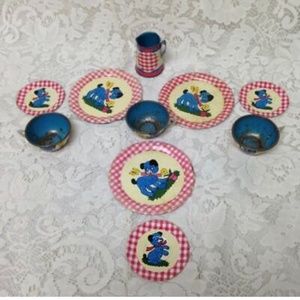 1940-50s Ohio Art, Red Plaid 10-pc Child’s Tin Tea Set